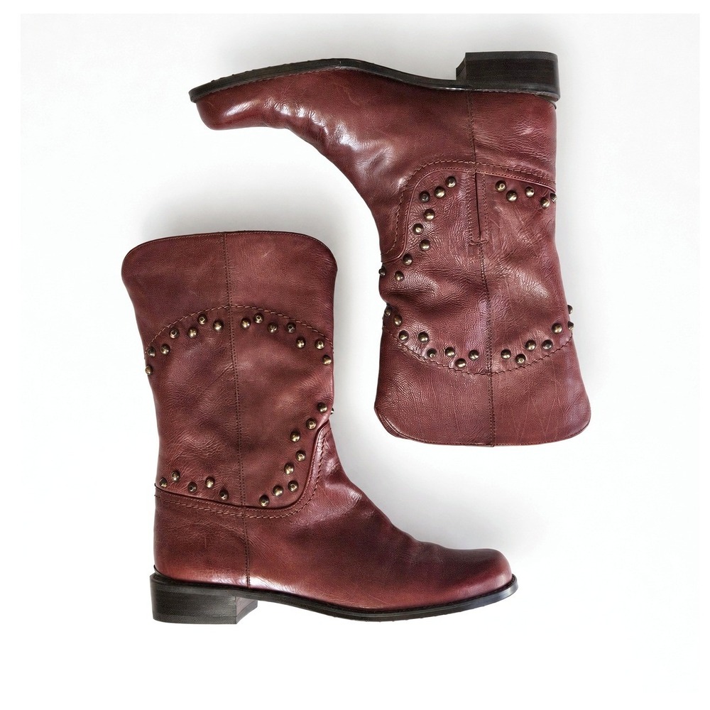 Stuart Weitzman Cognac Brown Leather Studded Western Mid-Calf Boots Womens 7M